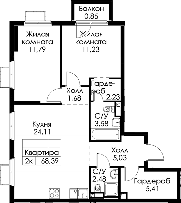 2-комнатная квартира 68.39 м², 3/15 эт., ЖК «Янинский лес»